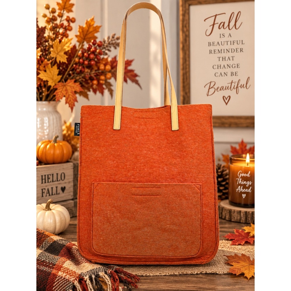 Furla Orange Felt Tote Bag Made in Italy Leather Straps Shopper Pocket